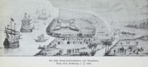 Der brandenburgisch-preußische Versklavungs-Stützpunkt Groß Friedrichsburg im heutigen Ghana. Darstellung, basierend auf einer zeitgen. Zeichnung, in: Brandenburg-Preußen auf der Westküste von Afrika, Leipzig 1912, GEI-Digital, https://gei-digital.gei.de/viewer/resolver?urn:nbn:de:0220-gd-5652253