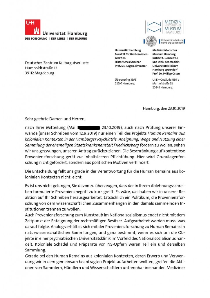 Scan des Schreibens an das Deutsche Zentrum Kulturgutverluste vom 23.10.2019, Erste Seite