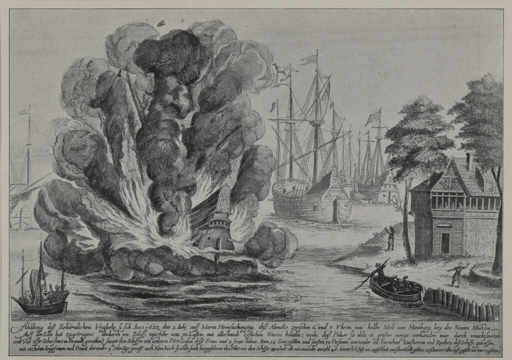 „Die Schiffsexplosion bei Neumühlen am 2. Juli 1622", reproduzierte Druckgrafik nach einem Kupferstich, Historische Museen Hamburg/Museum für Hamburgische Geschichte Inv.-Nr.: EB AB 11168, CC BY-NC-SA-4.0