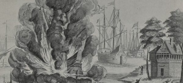 „Die Schiffsexplosion bei Neumühlen am 2. Juli 1622", reproduzierte Druckgrafik nach einem Kupferstich, Historische Museen Hamburg/Museum für Hamburgische Geschichte Inv.-Nr.: EB AB 11168 (Ausschnitt), CC BY-NC-SA-4.0