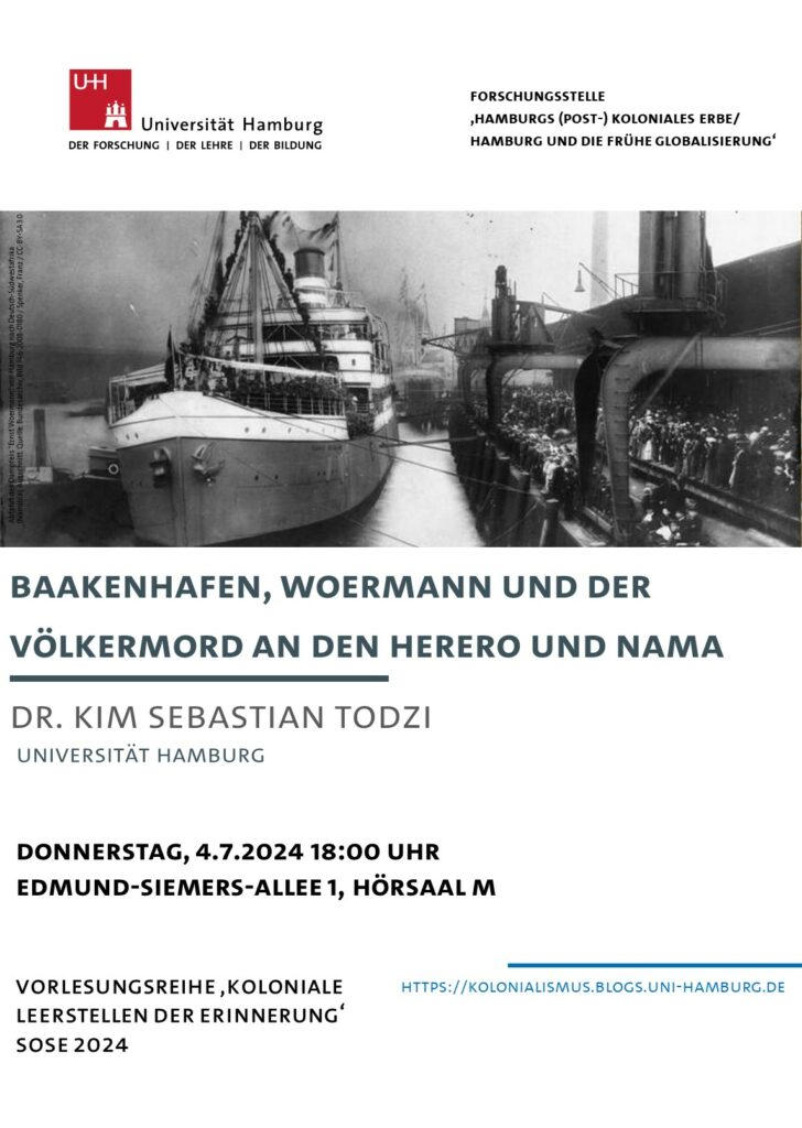 Plakat zum Vortrag 'Baakenhafen, Woermann und der Völkermord an den Herero und Nama' von Dr. Kim Sebastian Todzi