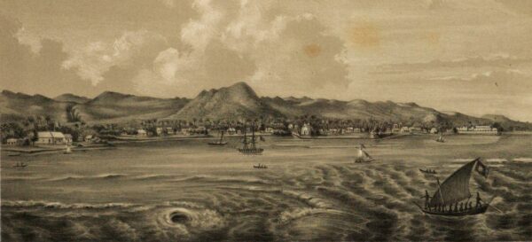 "Ansicht von Apia", Samoa, aus: Journal des Museum Godeffroy 1 (1873/74), ungezählter Bildteil. Bayerische Staatsbibliothek, urn:nbn:de:bvb:12-bsb11176995-6 http://rightsstatements.org/vocab/NoC-NC/1.0/