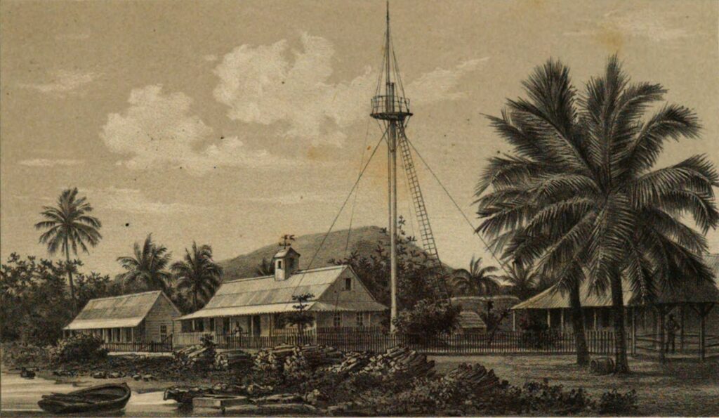 "Das deutsche Consulatsgebäude in Apia", Samoa, aus: Journal des Museum Godeffroy 1 (1873/74), ungezählter Bildteil. Bayerische Staatsbibliothek, urn:nbn:de:bvb:12-bsb11176995-6 http://rightsstatements.org/vocab/NoC-NC/1.0/