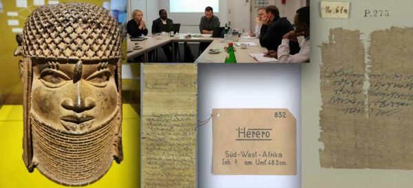 Fotos: Forschungsstelle (Benin-Bronze/Projektmeeting) - Staats- und Universitätsbibliothek Hamburg Carl von Ossietzky (Papyri) - Medizinhistorisches Museum Hamburg ('Herero'-Label) - Collage: K. Todzi